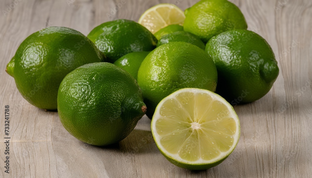 A pile of green limes on a table A pile of green limes on a table