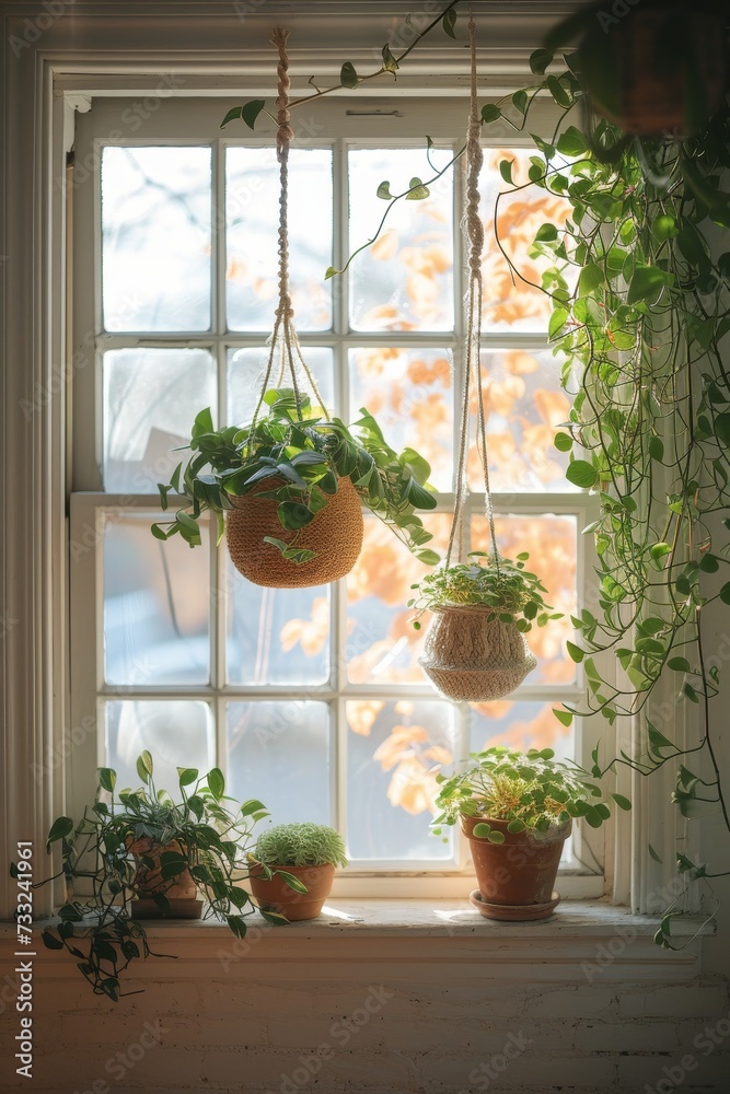 A window sill adorned with an assortment of potted plants placed adjacent to a window.