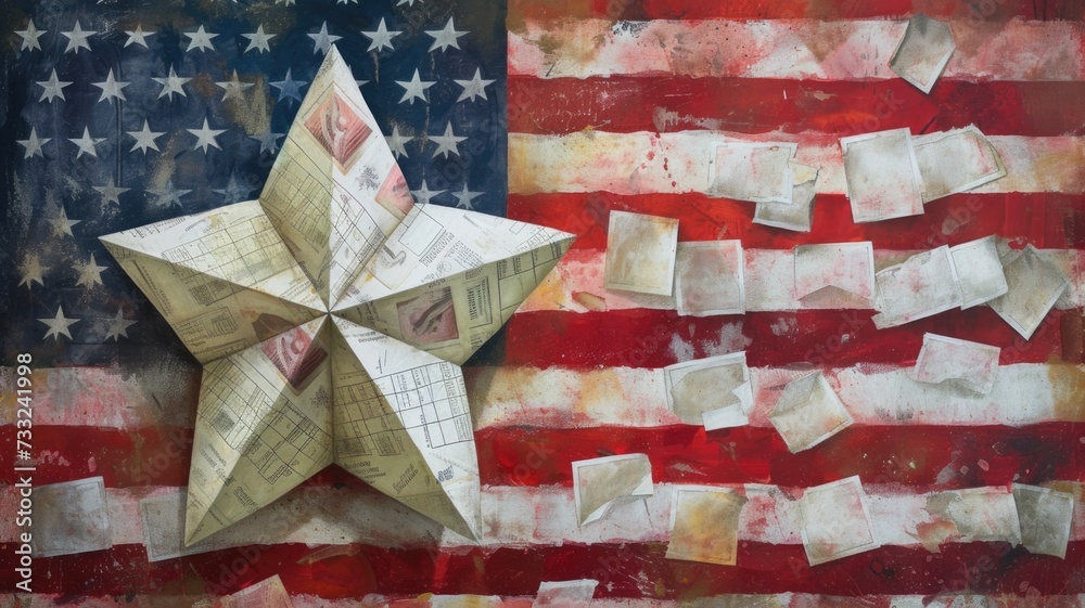 Naklejka premium Origami Star and voting ballots arranged to form a star, set against the backdrop of the American flag, symbolizing unity and the voice of the people
