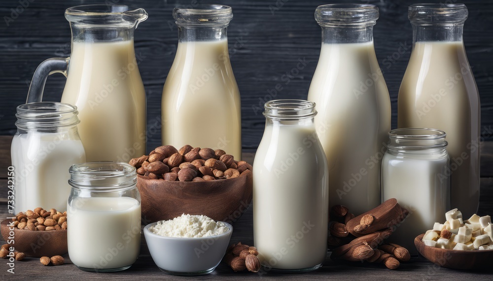 A table full of milk and nuts A table full of milk and nuts