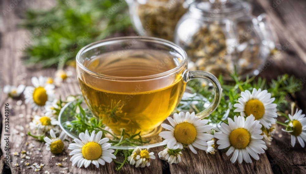 A cup of tea with a spoon in it, surrounded by flowers A cup of tea with a spoon in it, surrounded by flowers