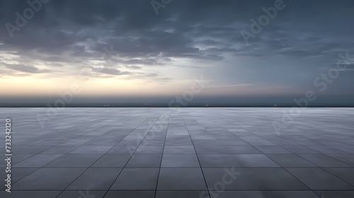 Dark concrete floor background infinite horizon sky panoramic scene