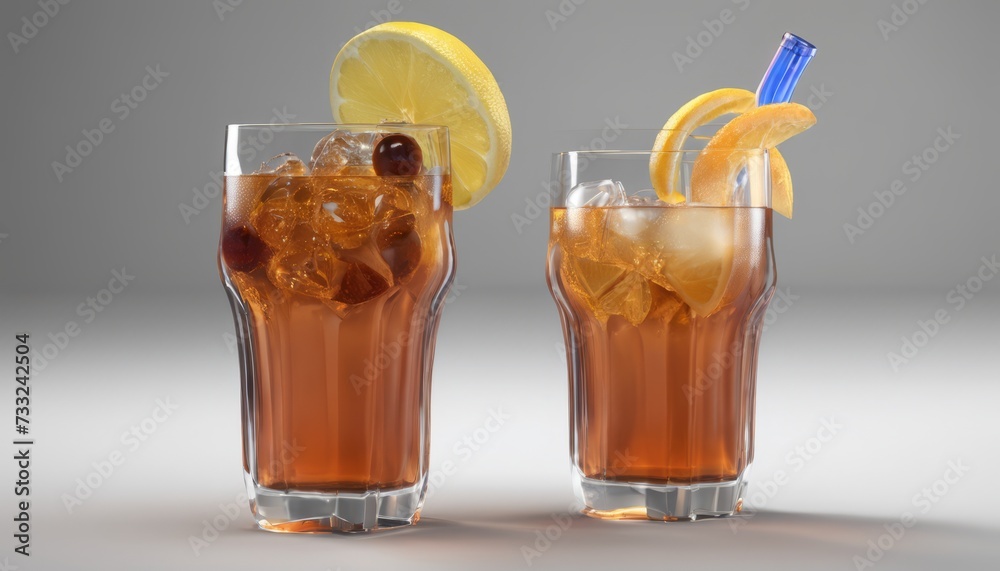Two glasses of iced tea with lemon and orange slices Two glasses of iced tea with lemon and orange slices