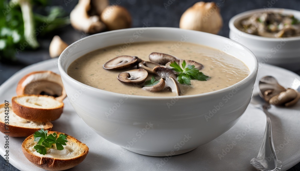 A bowl of soup with mushrooms and a spoon A bowl of soup with mushrooms and a spoon