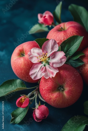 A group of apples with pink flowers and leaves arranged together, creating a vibrant and colorful scene.
