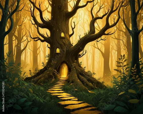 toonish illustration of Magical house tree in the woods photo