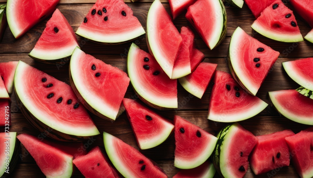 A bunch of watermelon slices on a wooden table A bunch of watermelon slices on a wooden table