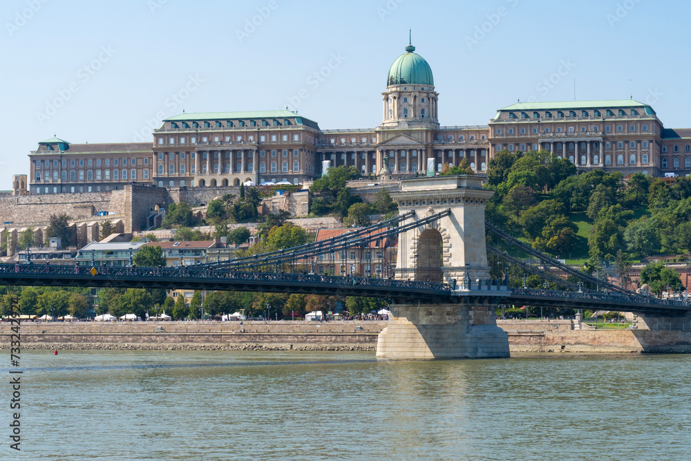 The historic Buda Castle above the Danube and the Chain Bridge in Budapest