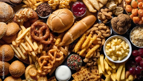 A table full of food including french fries, pretzels, and cheese