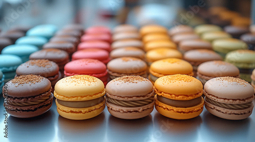 Tipici dolci francesi, macarons colorati disposti nella vetrina di una pasticceria 