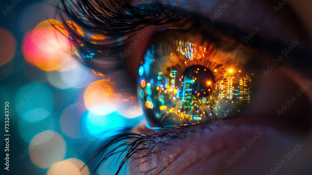 Reflection of the night city in the iris of the eye. Reflection of the night city in the iris of the eye.