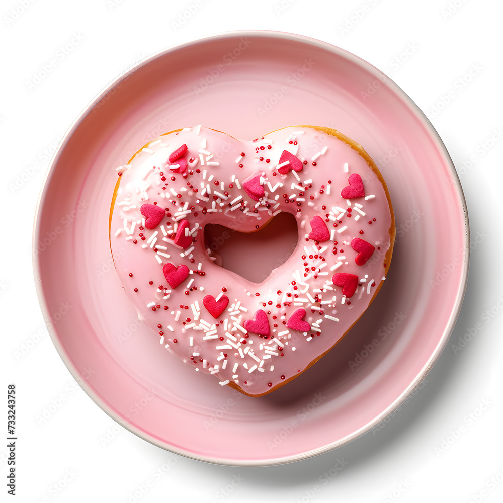 Plate of a Heart Shaped Valentines Day Donut top view  Isolated on white background