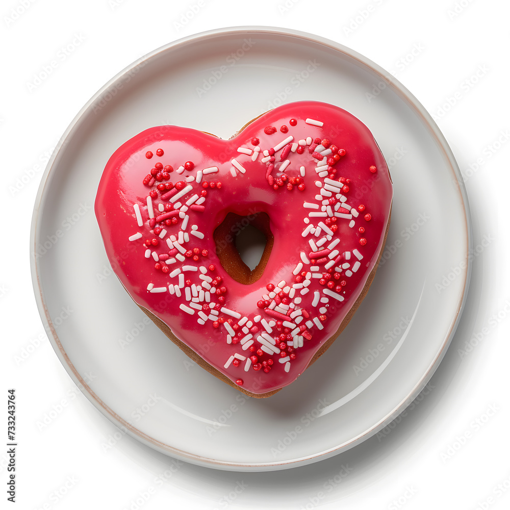 Plate of a Heart Shaped Valentines Day Donut top view Isolated on white background Plate of a Heart Shaped Valentines Day Donut top view Isolated on white background