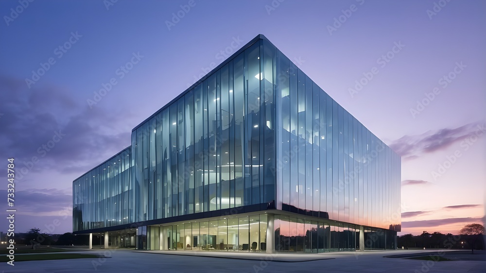Obraz premium Glass-fronted modern office building at dusk, Modern Office Building with Glass Frontage, Glass-Fronted Office Building in Modern Cityscape,