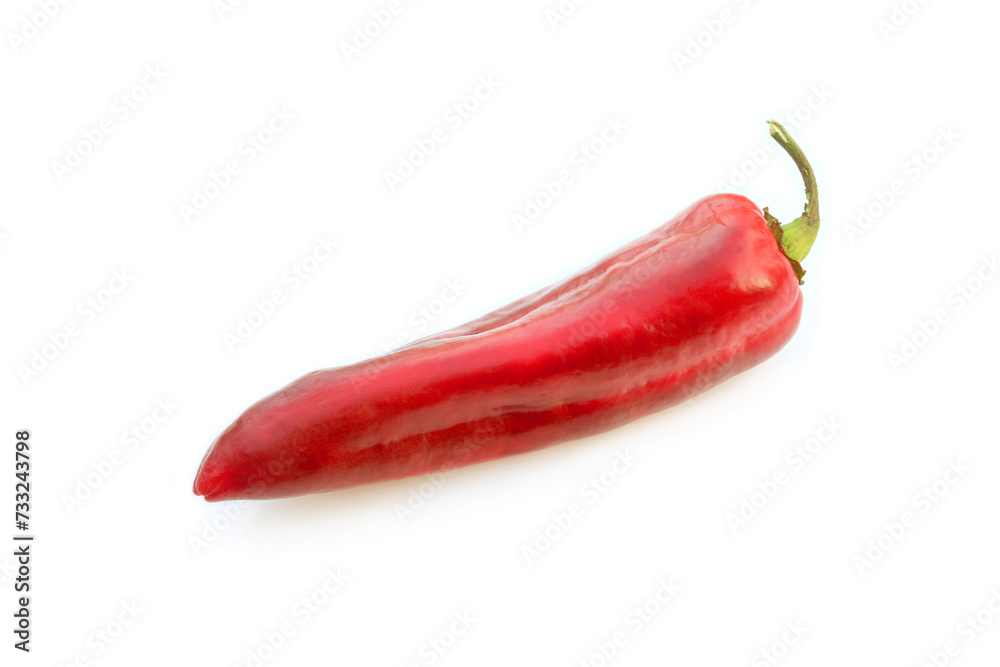 Long ripe red mexican pepper isolated on white background side view closeup