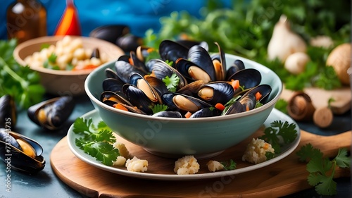Delicious mussels in a plate or soup with lovely vegetable-themed background
