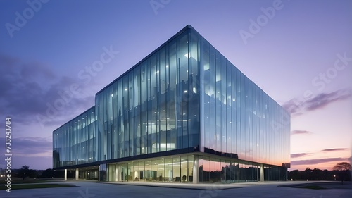 Glass-fronted modern office building at dusk, Modern Office Building with Glass Frontage, Glass-Fronted Office Building in Modern Cityscape,