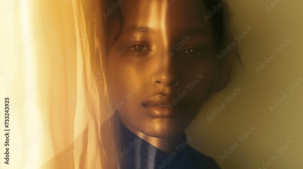 Woman portrait on yellow background. Blurred face hand shape out of focus. Mysterious and sensitive female portrait in fashion art style Woman portrait on yellow background. Blurred face hand shape out of focus. Mysterious and sensitive female portrait in fashion art style