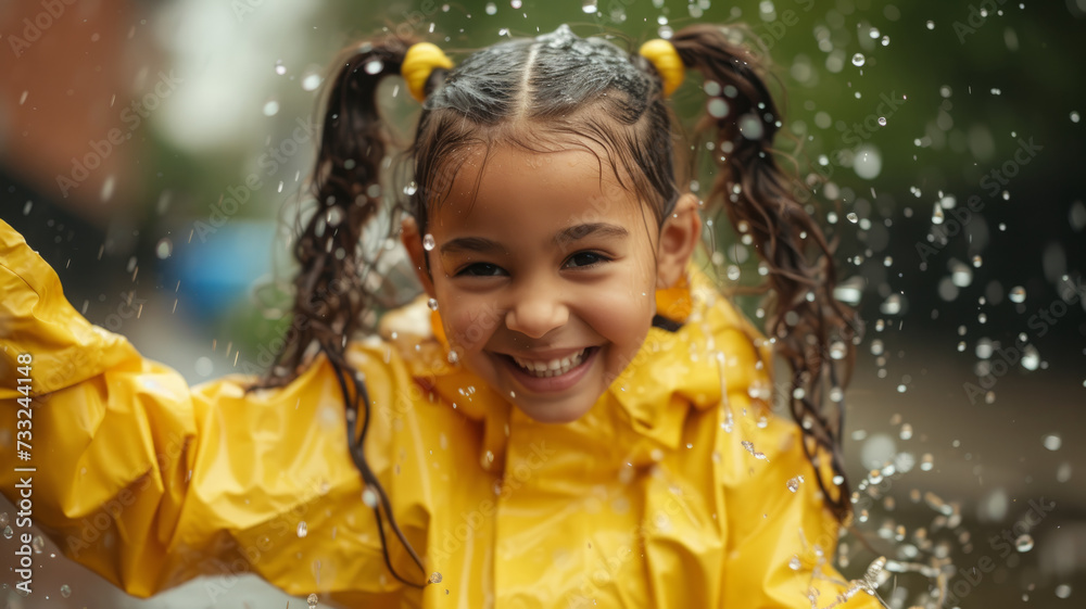 Positive girl with pigtails in the rain. Positive girl with pigtails in the rain.