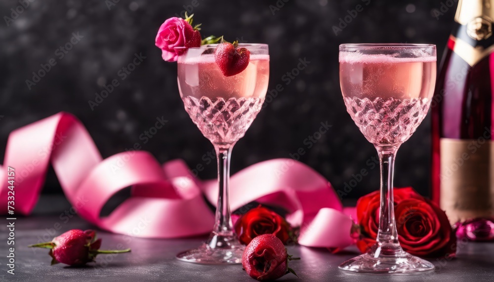 Two glasses of wine with strawberries and rose petals Two glasses of wine with strawberries and rose petals