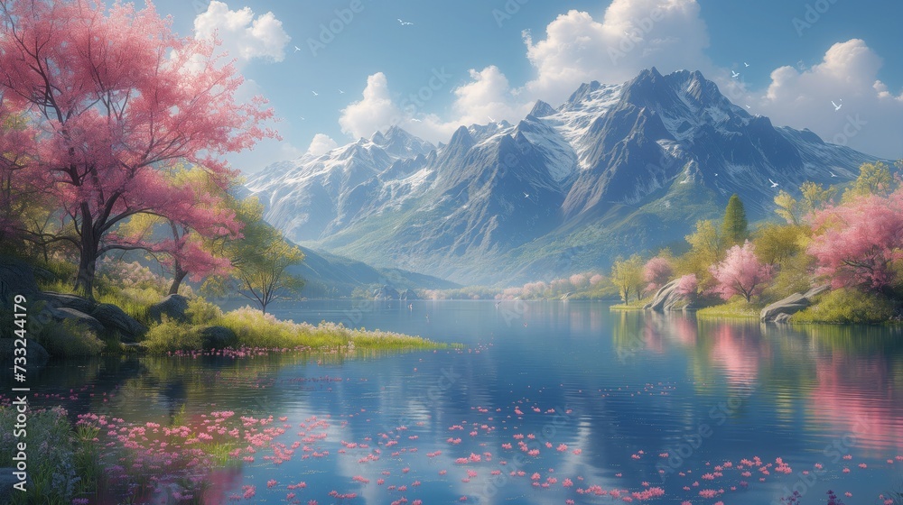 Obraz górskiego jeziora z różowymi kwiatami - obrazy, fototapety, plakaty 