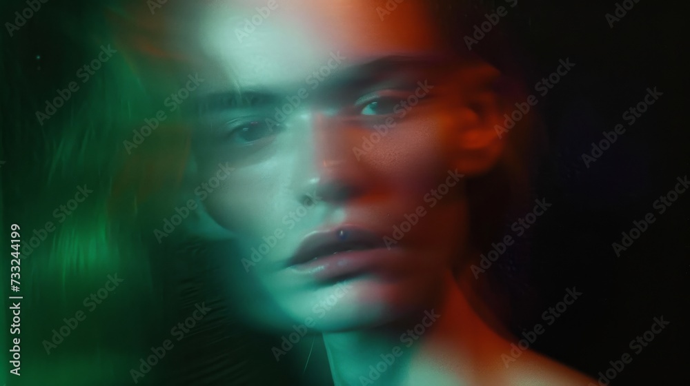 Woman portrait on dark background. Blurred face hand shape out of focus. Mysterious and sensitive female portrait in fashion art style Woman portrait on dark background. Blurred face hand shape out of focus. Mysterious and sensitive female portrait in fashion art style