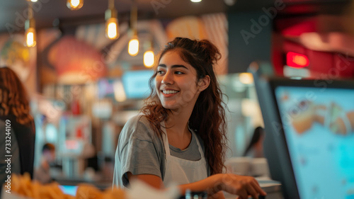 Positive woman employee of a restaurant chain. photo