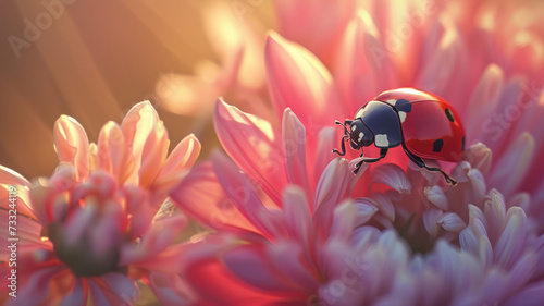 Close-up of a ladybug on a pink flower. © SashaMagic