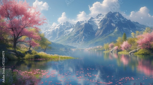 Obraz górskiego jeziora z różowymi kwiatami photo