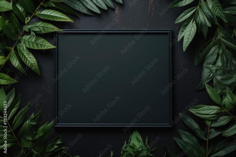 Mockup empty black frame. Botanical decorations frame Ai generated