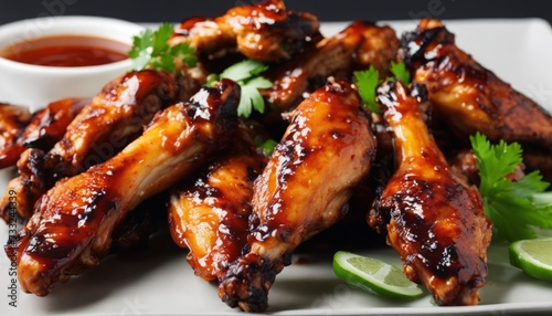 A plate of BBQ chicken wings with sauce