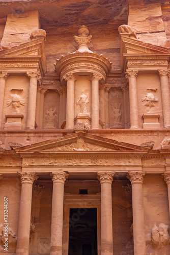 Vertical front view of the Treasury  one of the most elaborate temples in Petra archaeological site in Jordan.