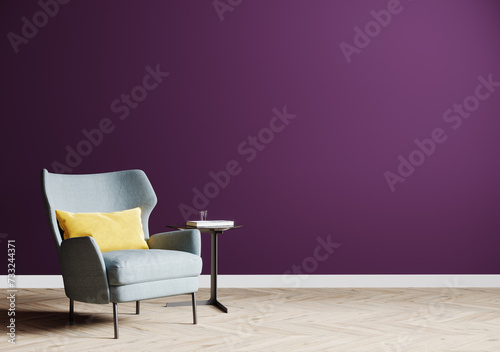empty purple wall with gray armchair on wooden floor, bright living room interior background, 3d rendering