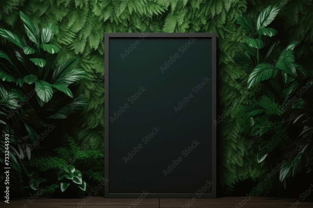 Mockup empty black frame. Botanical decorations ,Plants in a black frame with an empty mockup, frame Ai generated