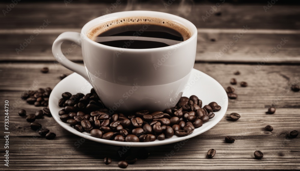 A cup of coffee with a saucer of coffee beans A cup of coffee with a saucer of coffee beans
