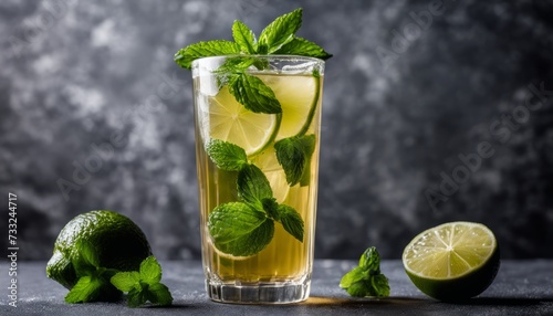 A glass of iced tea with mint leaves and a lime wedge
