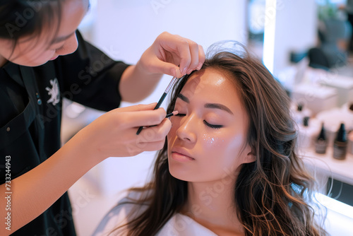 Beautician making make-up for asian woman in beauty salon cosmetic