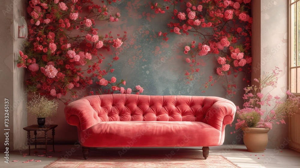 Różowa kanapa przedstawiona przed ścianą wypełnioną różowymi kwiatami - obrazy, fototapety, plakaty 