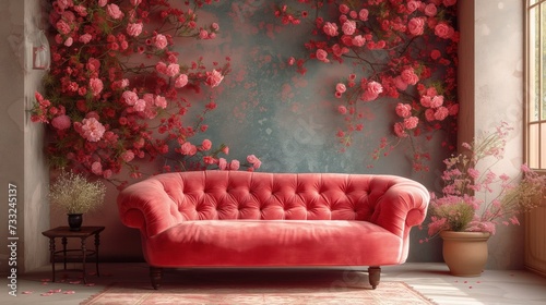 Różowa kanapa przedstawiona przed ścianą wypełnioną różowymi kwiatami