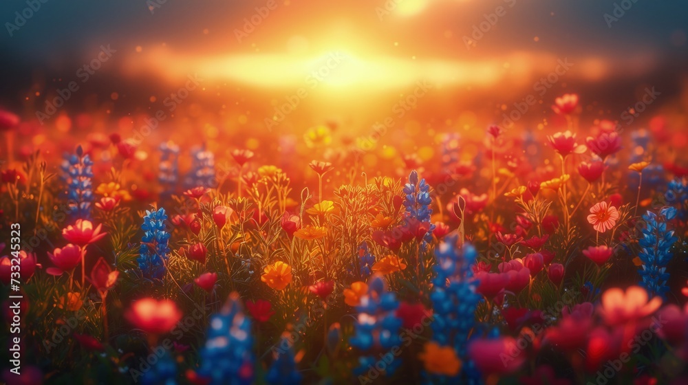 Pola pełne kwiatów z słońcem na tle
