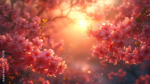 Słońce promienieje przez gałęzie kwitnącego drzewa