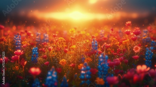 Pola pełne kwiatów z słońcem na tle