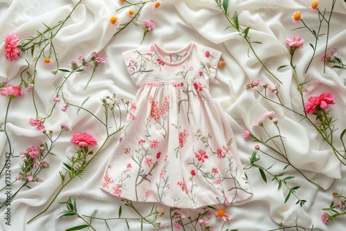 A close-up details of a white baby dress with exquisite floral embroidery, displayed in a natural setting with soft lighting