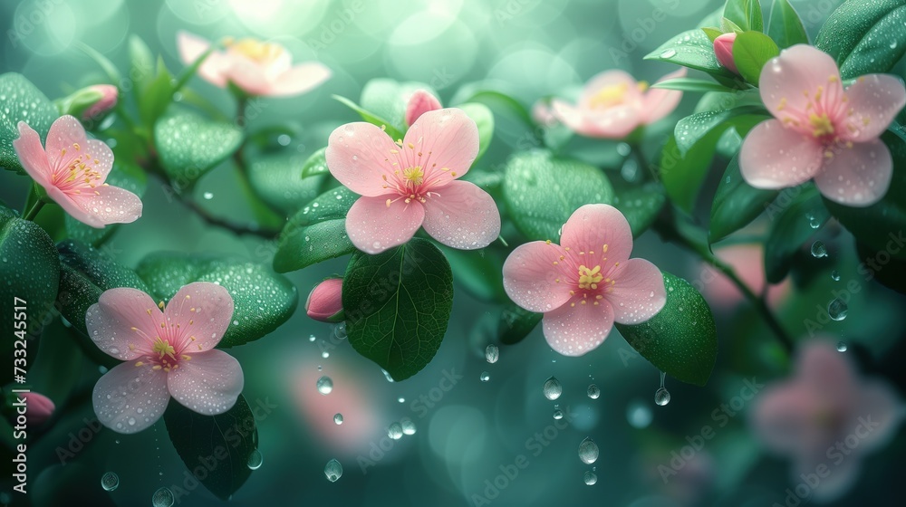 Różowe kwiaty zielonymi liśćmi - obrazy, fototapety, plakaty 