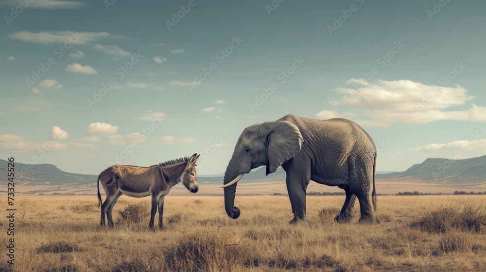 Majestic Elephant and Donkey Standing on African Plains Majestic Elephant and Donkey Standing on African Plains