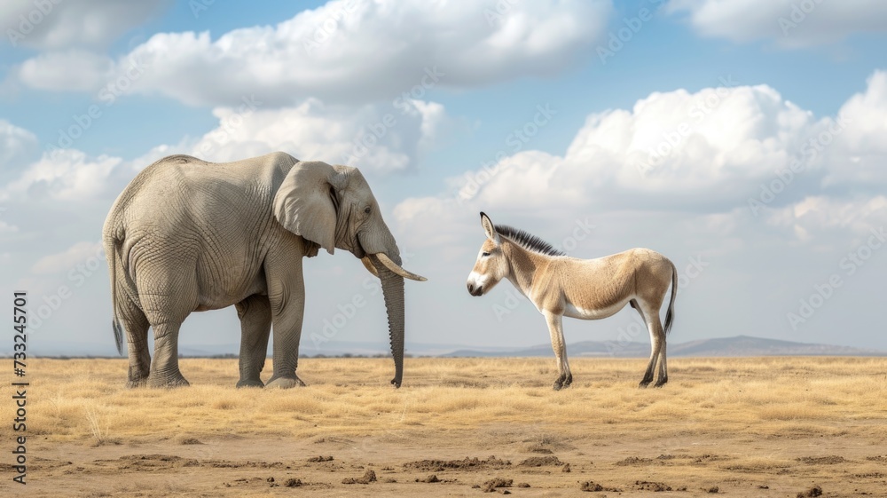 Fototapeta premium Majestic Elephant and Donkey Standing on African Plains
