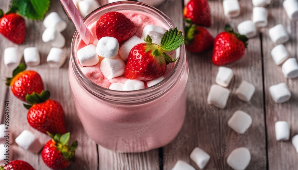 A glass of strawberry milkshake with marshmallows and strawberries A glass of strawberry milkshake with marshmallows and strawberries