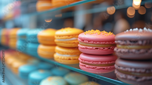 Tipici dolci francesi, macarons colorati disposti nella vetrina di una pasticceria  photo