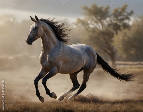 A Camargue horse runs in a field in the evening sun