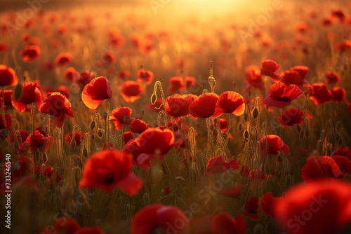 Red poppies illuminated by the fiery hues of a setting sun